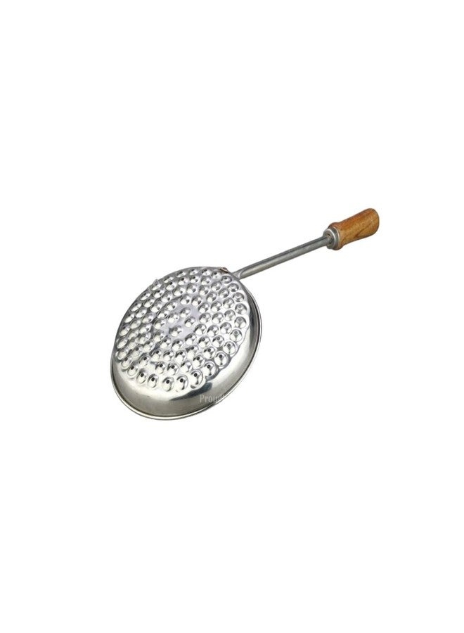 PUTHAK Stainless Steel Boondi Jhara with Wooden Handle Grip,Steel Food Strainer, Bundi Jhara,Wooden Handle Deep Fry Grip Strainer, Perforated Spoon - Image 3